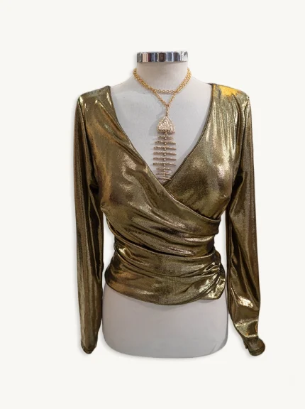 BLUSA NAVIDAD de fiesta dorada escote cruzado 1