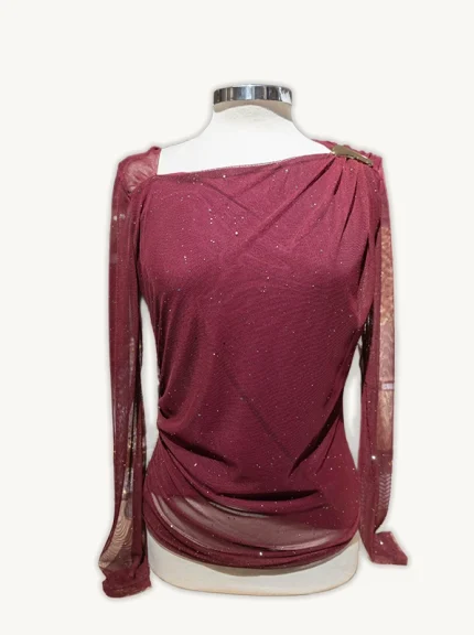 Blusa de Fiesta Burdeos con Drapeado y Brillo