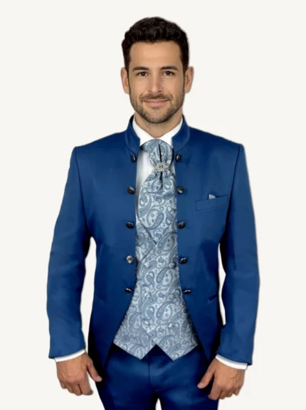 traje de boda novio boston azul satén